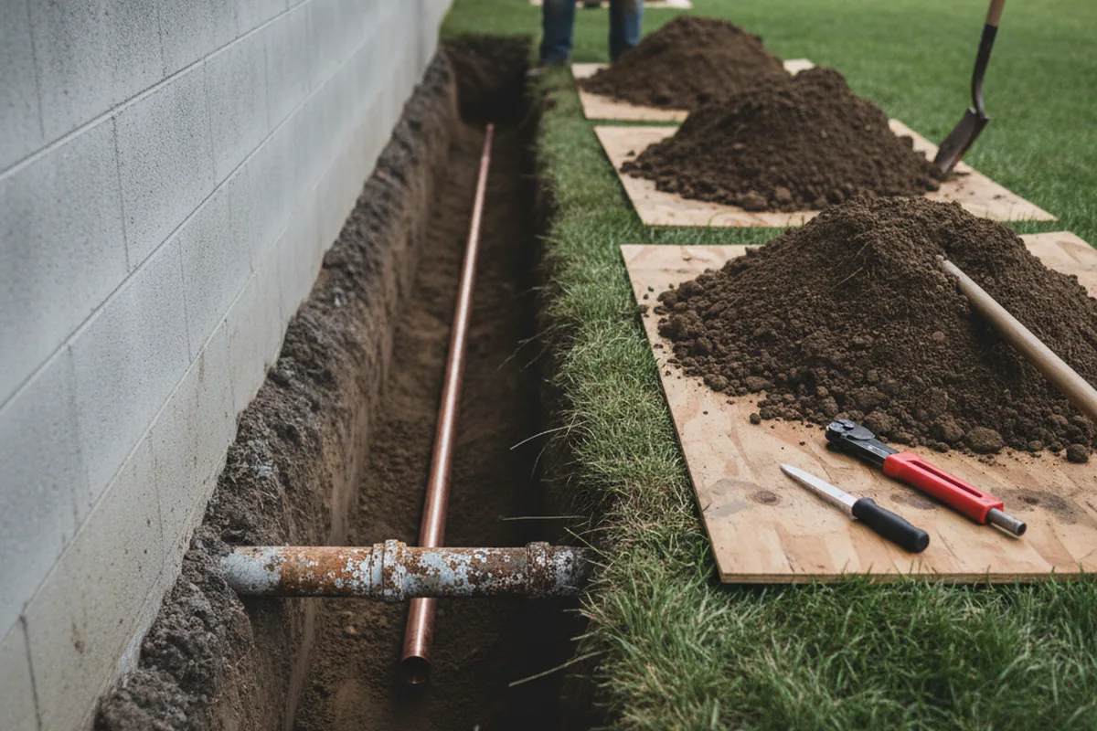 Excavated water line trench during Sewer Line Repair in South Park